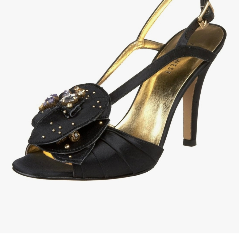 Nine West Jovial 2 Black Satin Ankle Strap Sandals. Size 7.5